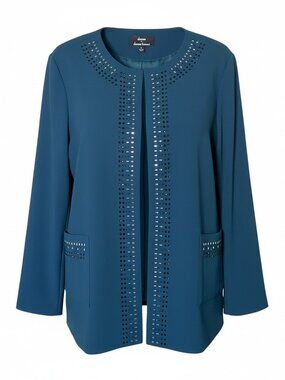 Dennis Basso Women's Size 1X Embellished Blazer Teal Blue Crepe Career Wear